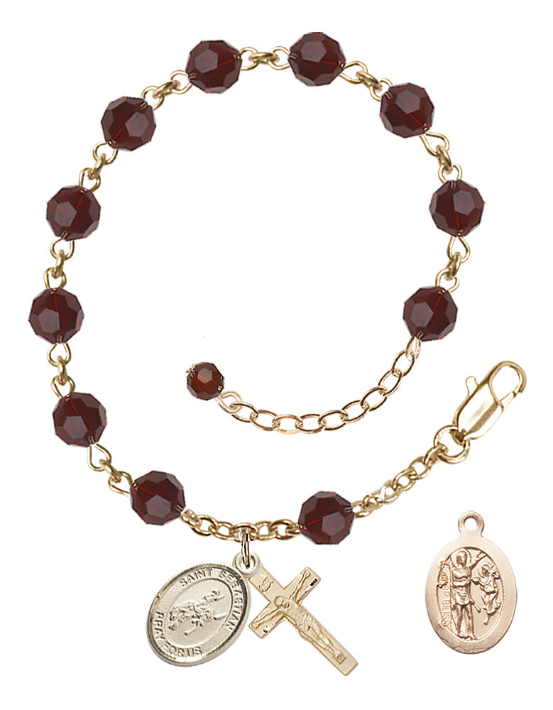 Saint Sebastian Rodeo Rosary Bracelet - 14K Gold Filled - January - Garnet