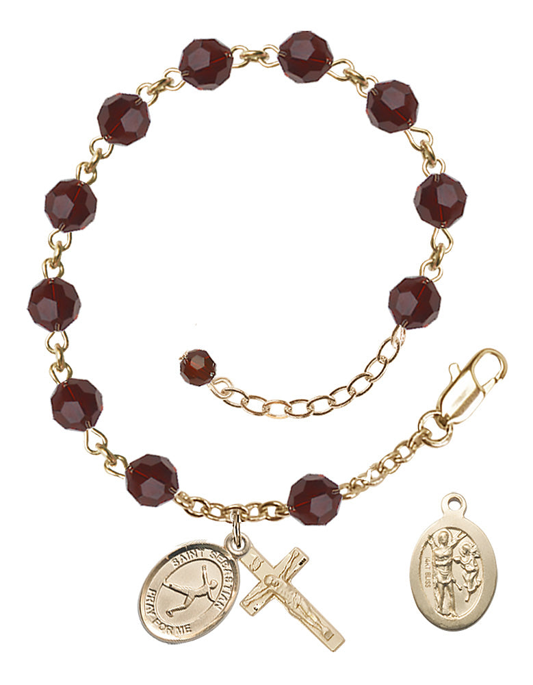 Saint Sebastian Figure Skating Rosary Bracelet - 14K Gold - January - Garnet