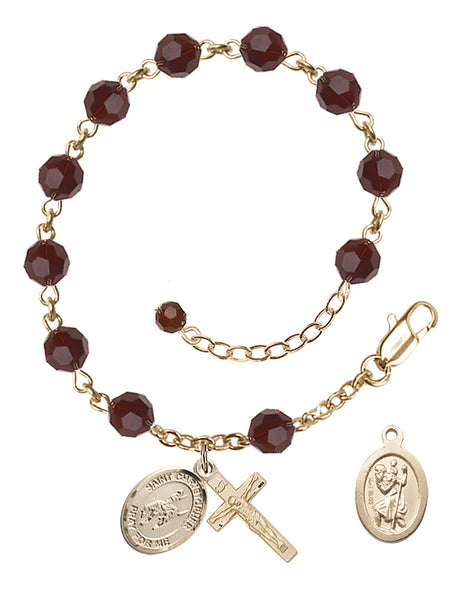 Saint Christopher Rodeo Rosary Bracelet - 14K Gold - January - Garnet