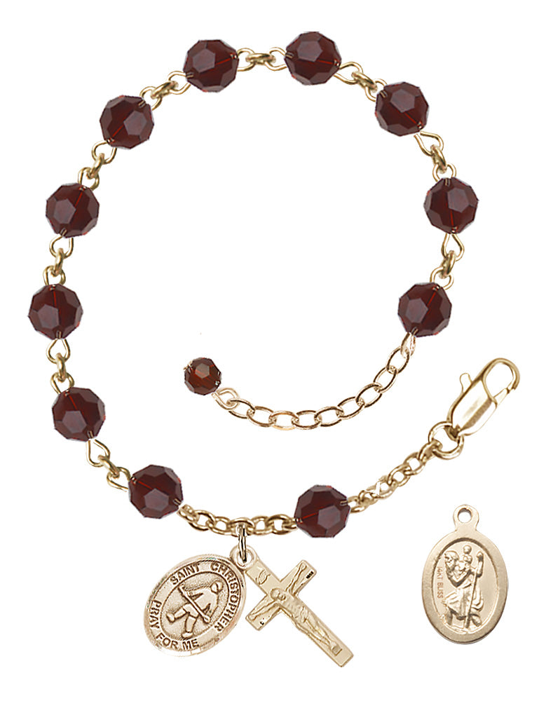 Saint Christopher Field Hockey Rosary Bracelet - 14K Gold - January - Garnet