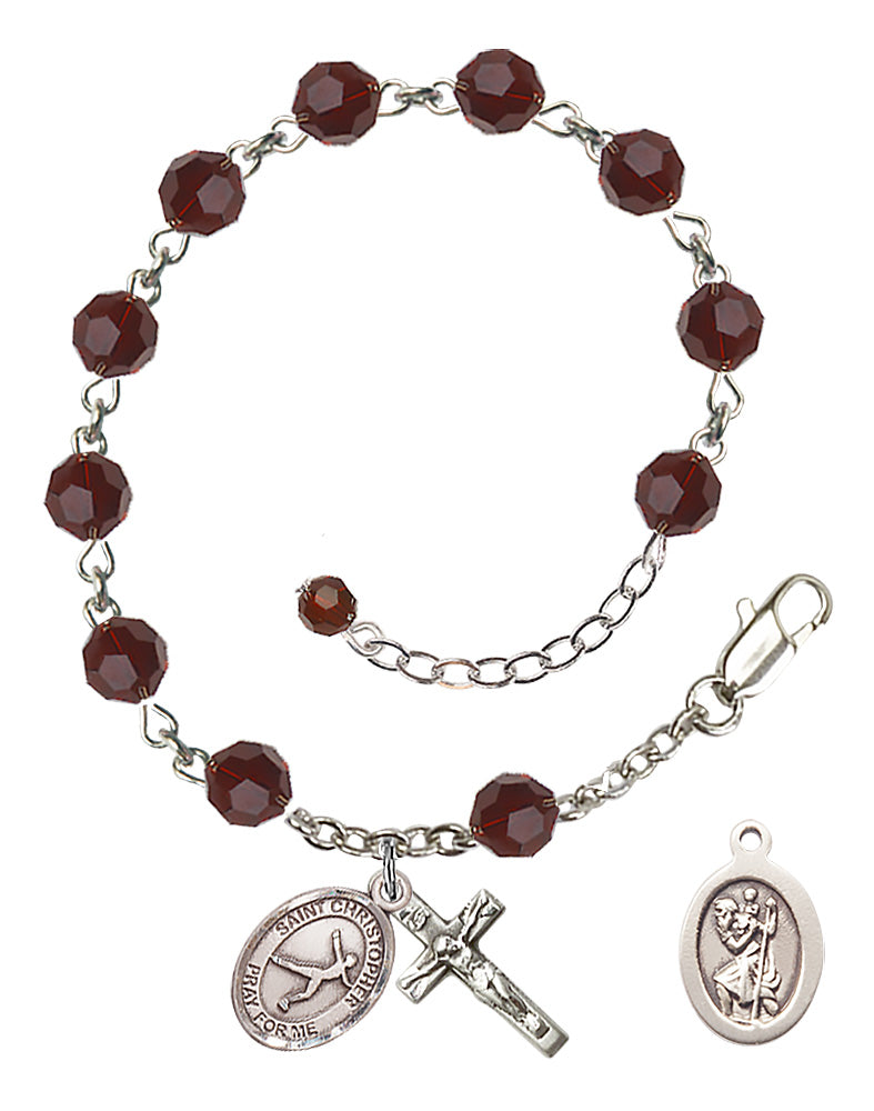 Saint Christopher Figure Skating Rosary Bracelet - Sterling Silver - January - Garnet