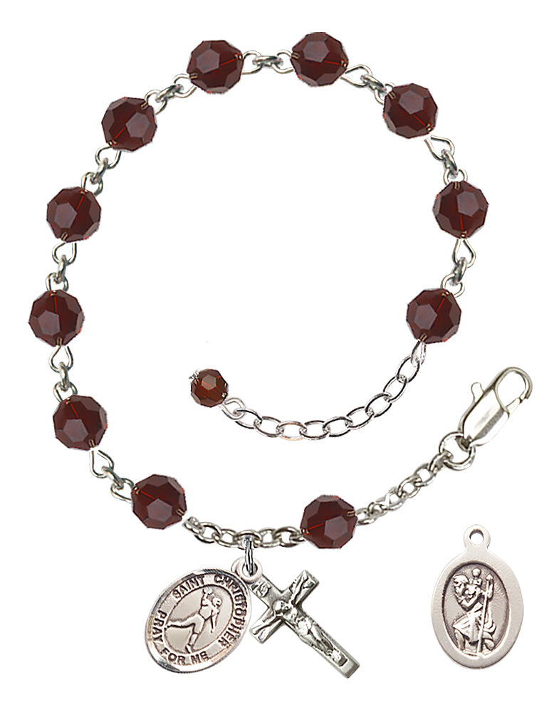 Saint Christopher Football Rosary Bracelet - Sterling Silver - January - Garnet