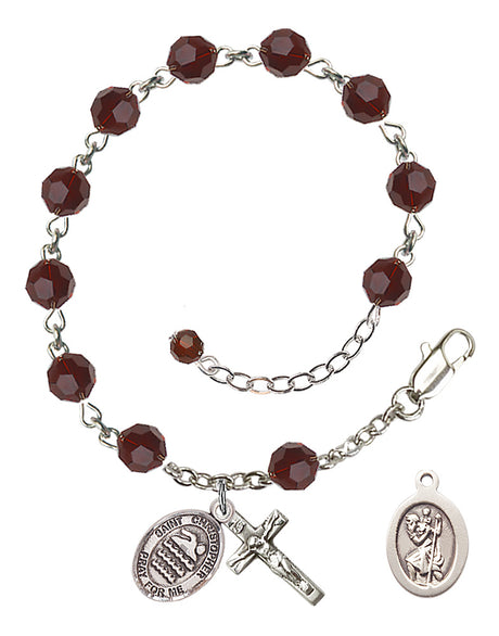 Saint Christopher Swimming Rosary Bracelet - Sterling Silver - January - Garnet