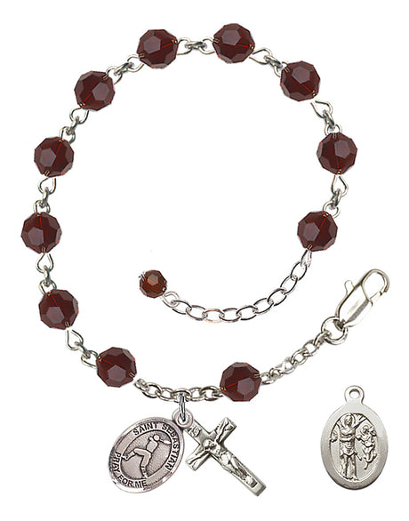 Saint Sebastian Baseball Rosary Bracelet - Sterling Silver - January - Garnet