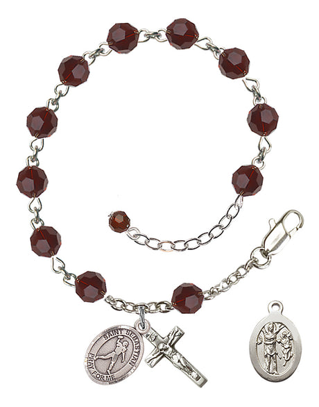 Saint Sebastian Football Rosary Bracelet - Sterling Silver - January - Garnet