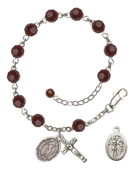 Saint Sebastian Golf Rosary Bracelet - Sterling Silver - January - Garnet