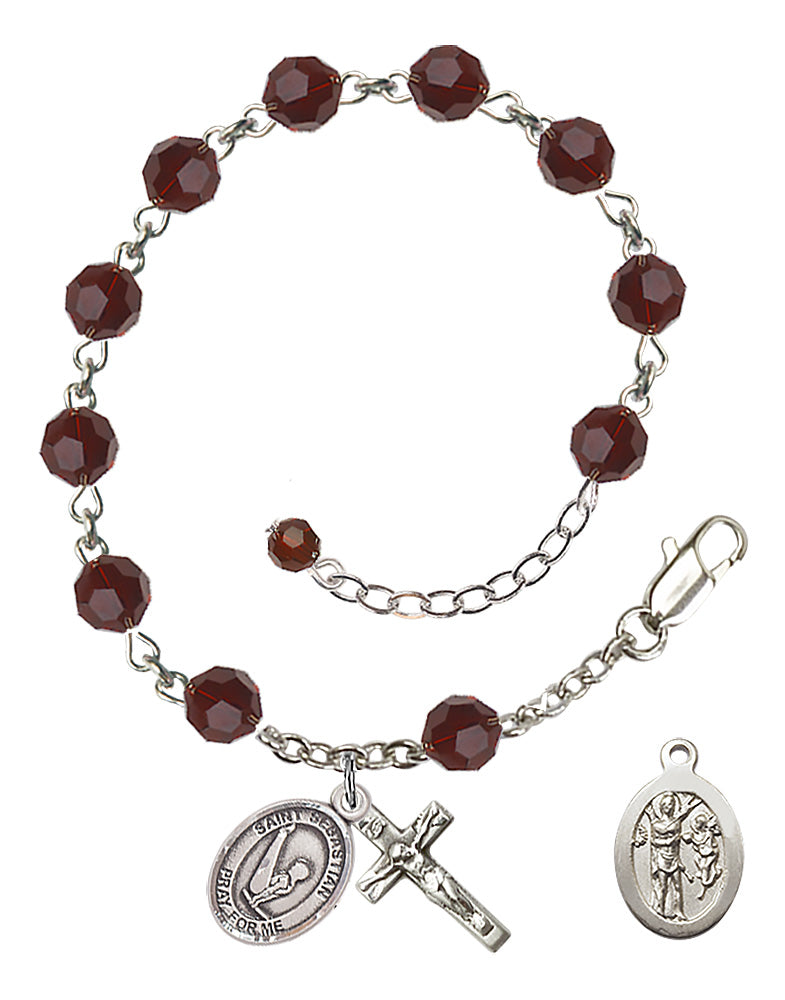 Saint Sebastian Gymnastics Rosary Bracelet - Sterling Silver - January - Garnet