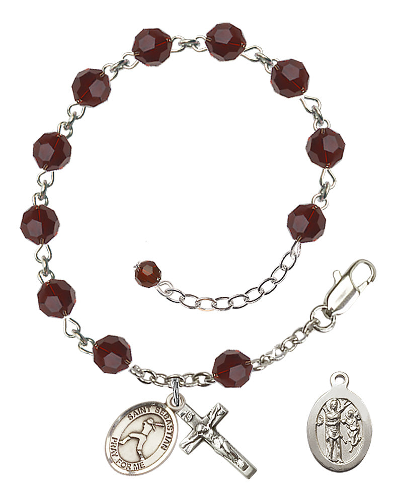 Saint Sebastian Softball Rosary Bracelet - Sterling Silver - January - Garnet