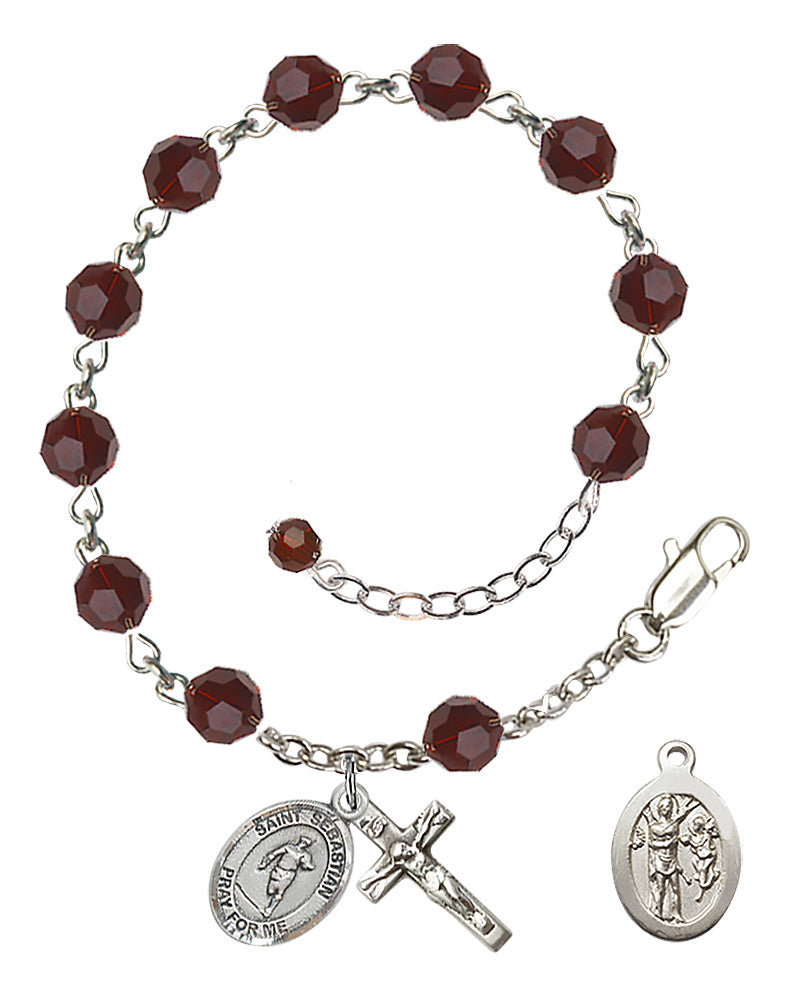 Saint Sebastian Rugby Rosary Bracelet - Sterling Silver - January - Garnet