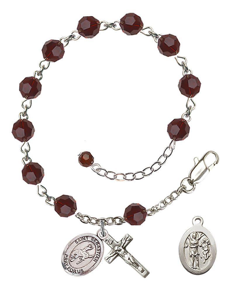 Saint Sebastian Rodeo Rosary Bracelet - Sterling Silver - January - Garnet