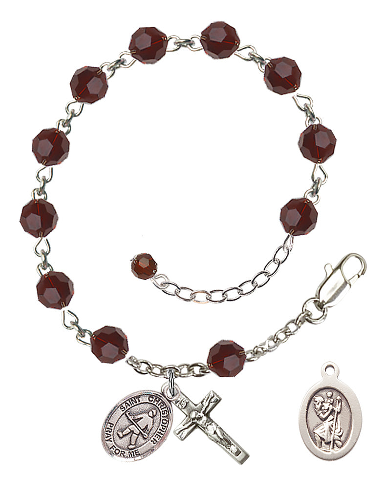 Saint Christopher Field Hockey Rosary Bracelet - Sterling Silver - January - Garnet