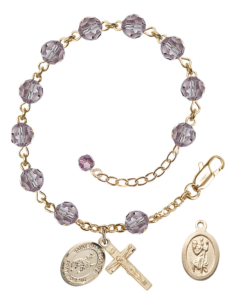 Saint Christopher Rodeo Rosary Bracelet - 14K Gold Filled - June - Light Amethyst