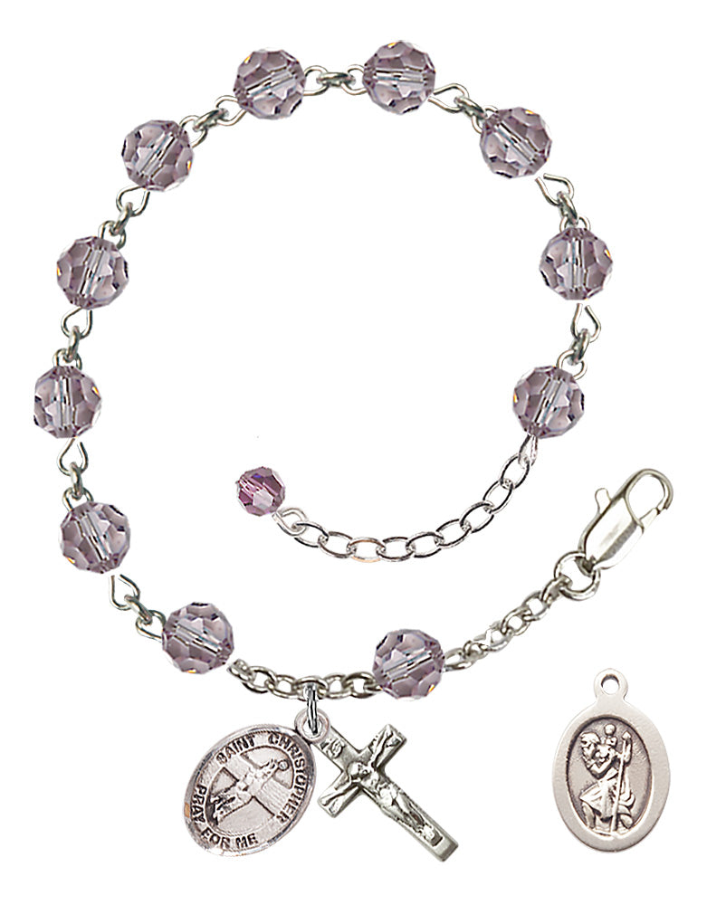 Saint Christopher Volleyball Rosary Bracelet - Sterling Silver - June - Light Amethyst