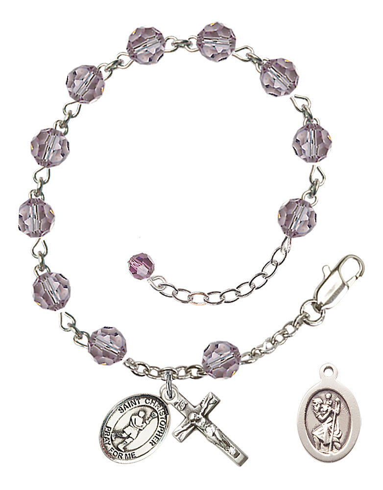 Saint Christopher Lacrosse Rosary Bracelet - Sterling Silver - June - Light Amethyst