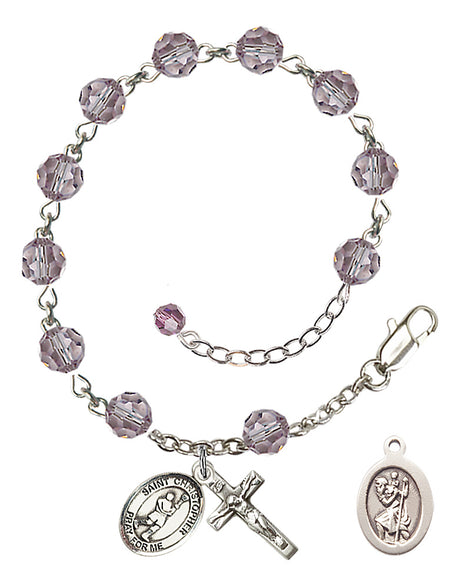 Saint Christopher Lacrosse Rosary Bracelet - Sterling Silver - June - Light Amethyst