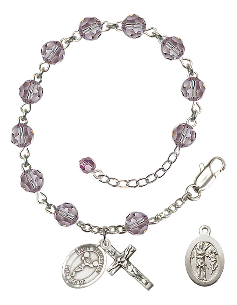 Saint Sebastian Cheerleading Rosary Bracelet - Sterling Silver - June - Light Amethyst