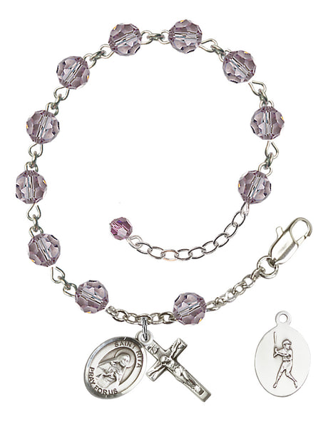 Saint Rita Baseball Rosary Bracelet - Sterling Silver - June - Light Amethyst