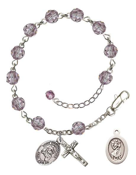 Saint Christopher Motorcycle Rosary Bracelet - Sterling Silver - June - Light Amethyst