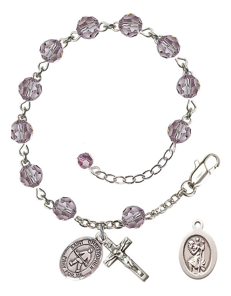 Saint Christopher Field Hockey Rosary Bracelet - Sterling Silver - June - Light Amethyst