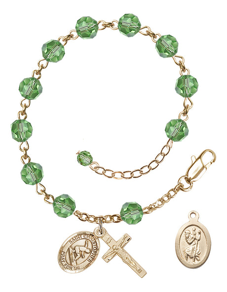 Saint Christopher Surfing Rosary Bracelet - 14K Gold Filled - August - Peridot