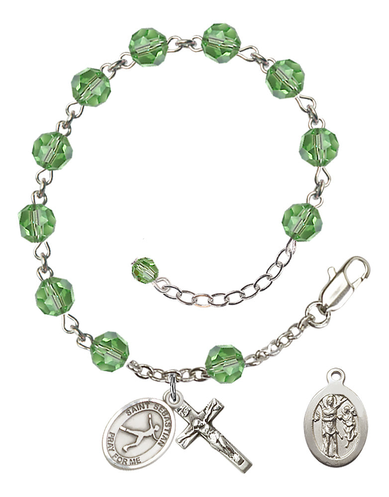 Saint Sebastian Figure Skating Rosary Bracelet - Sterling Silver - August - Peridot