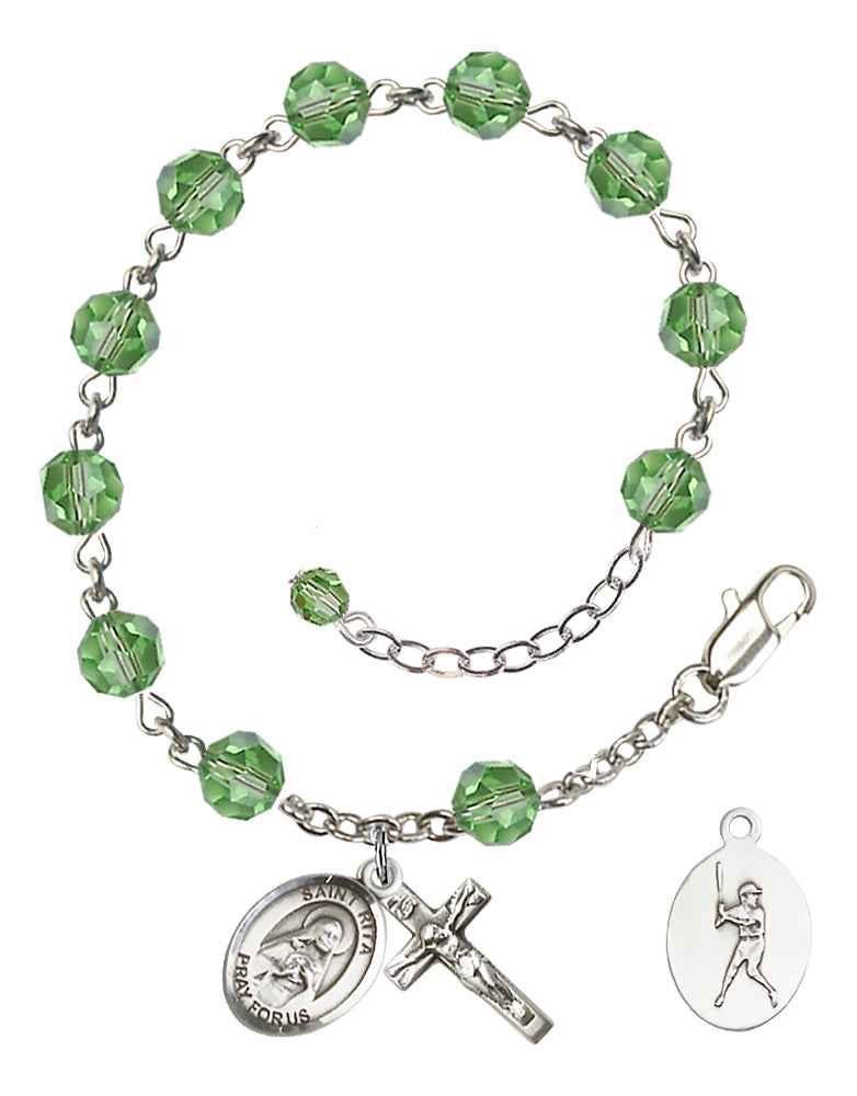 Saint Rita Baseball Rosary Bracelet - Sterling Silver - August - Peridot
