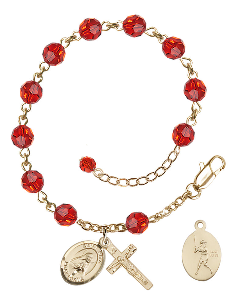 Saint Rita Baseball Rosary Bracelet - 14K Gold - July - Ruby