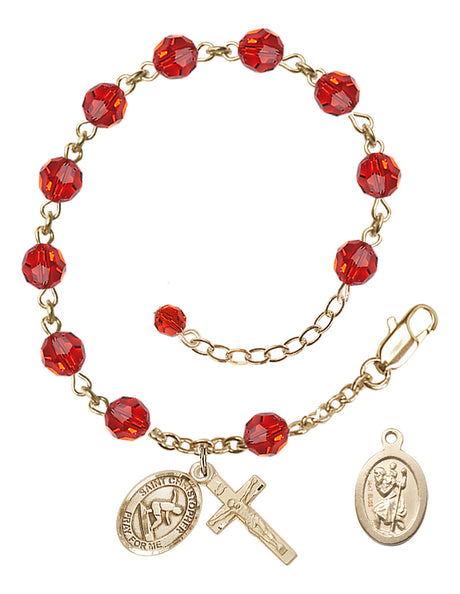 Saint Christopher Surfing Rosary Bracelet - 14K Gold - July - Ruby