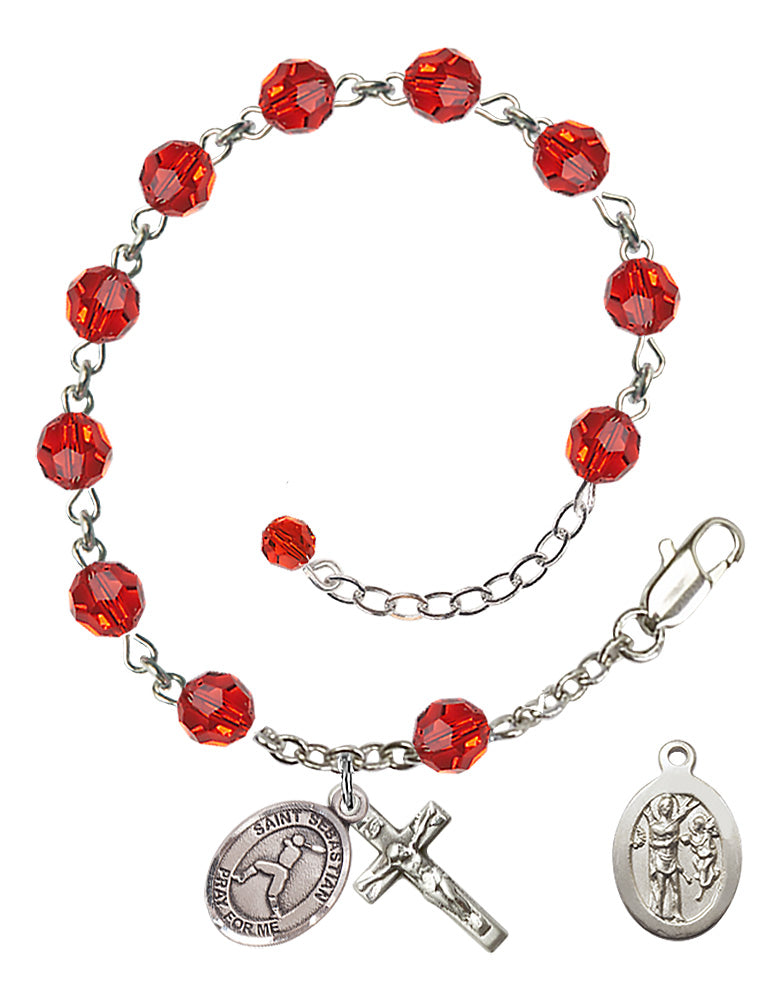 Saint Sebastian Baseball Rosary Bracelet - Sterling Silver - July - Ruby