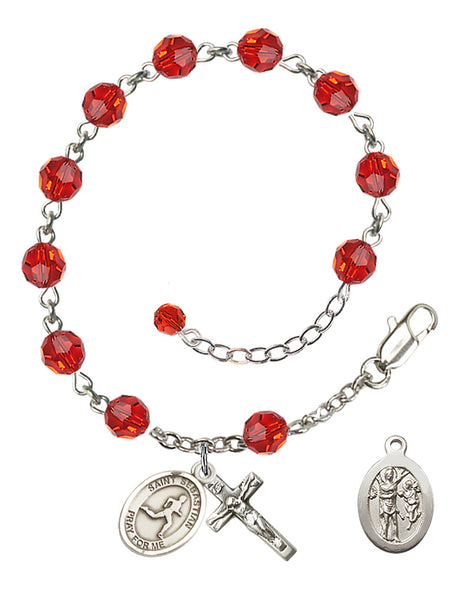 Saint Sebastian Track and Field Rosary Bracelet - Sterling Silver - July - Ruby