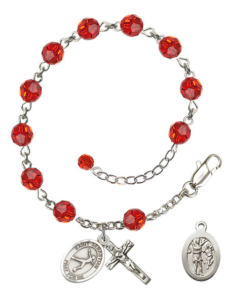 Saint Sebastian Figure Skating Rosary Bracelet - Sterling Silver - July - Ruby