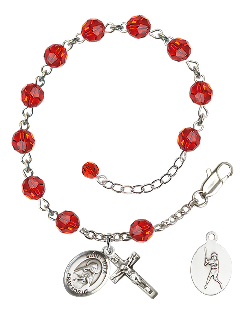 Saint Rita Baseball Rosary Bracelet - Sterling Silver - July - Ruby