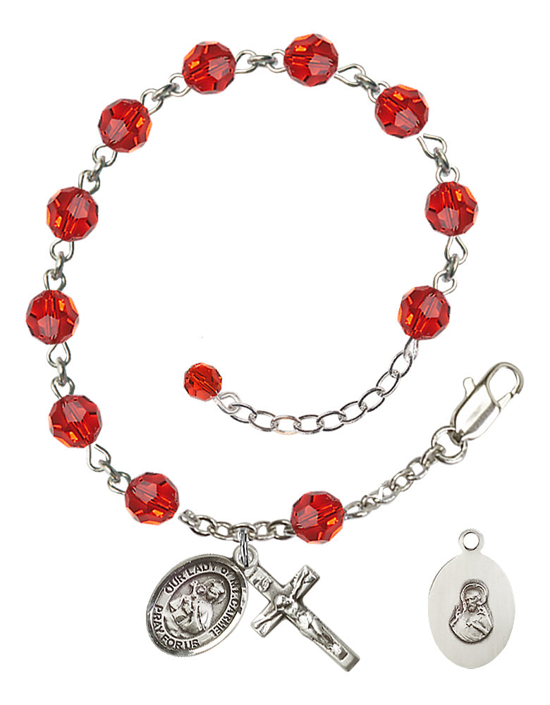 Our Lady of Mount Carmel Rosary Bracelet - Sterling Silver - July - Ruby