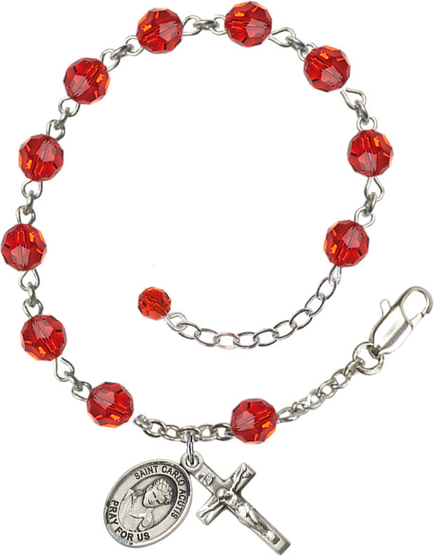 Saint Carlo Acutis Rosary Bracelet - Sterling Silver - July - Ruby