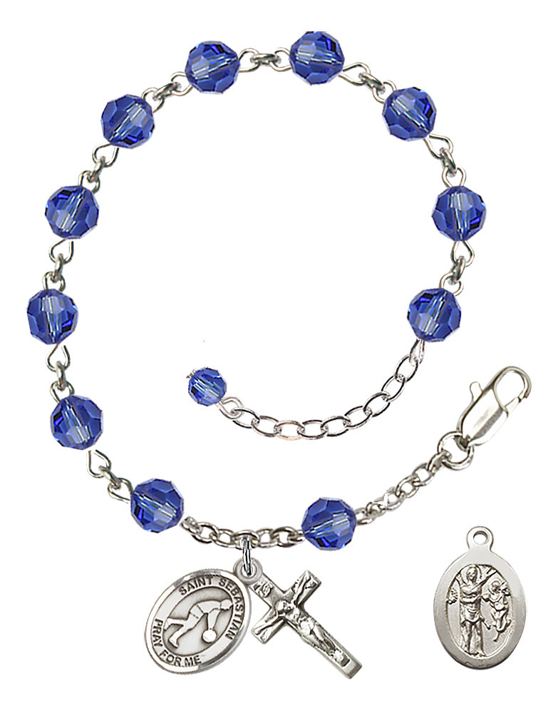 Saint Sebastian Basketball Rosary Bracelet - Sterling Silver - September - Sapphire