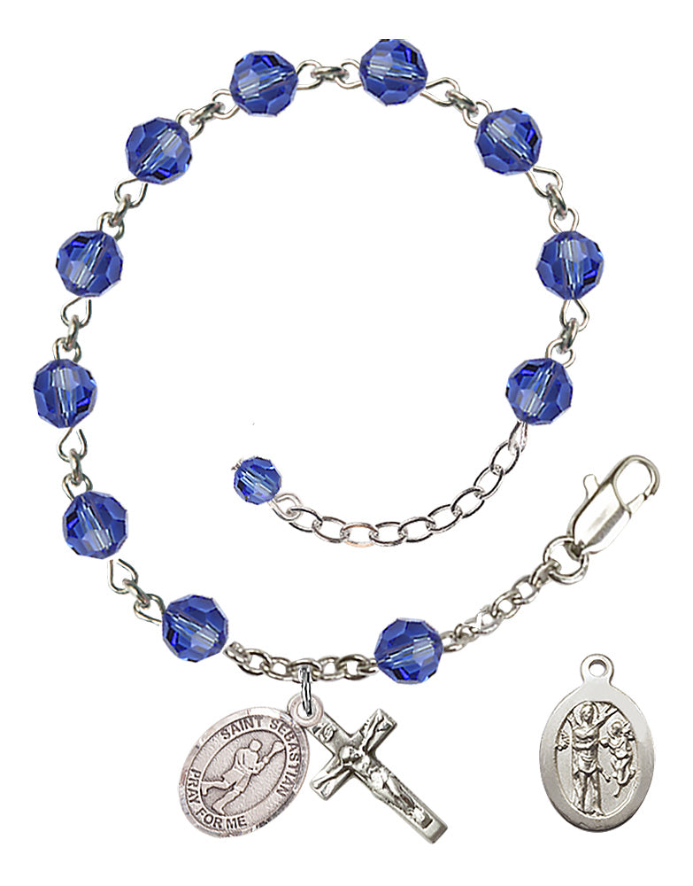 Saint Sebastian Lacrosse Rosary Bracelet - Sterling Silver - September - Sapphire