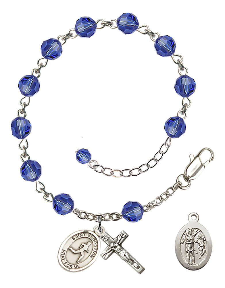 Saint Sebastian Track and Field Rosary Bracelet - Sterling Silver - September - Sapphire