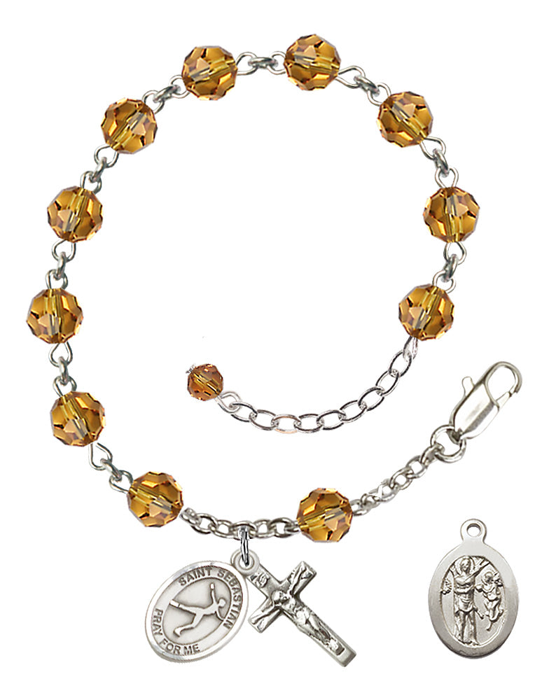 Saint Sebastian Figure Skating Rosary Bracelet - Sterling Silver - November - Topaz