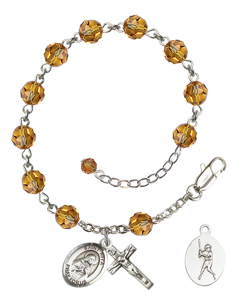 Saint Rita Baseball Rosary Bracelet - Sterling Silver - November - Topaz