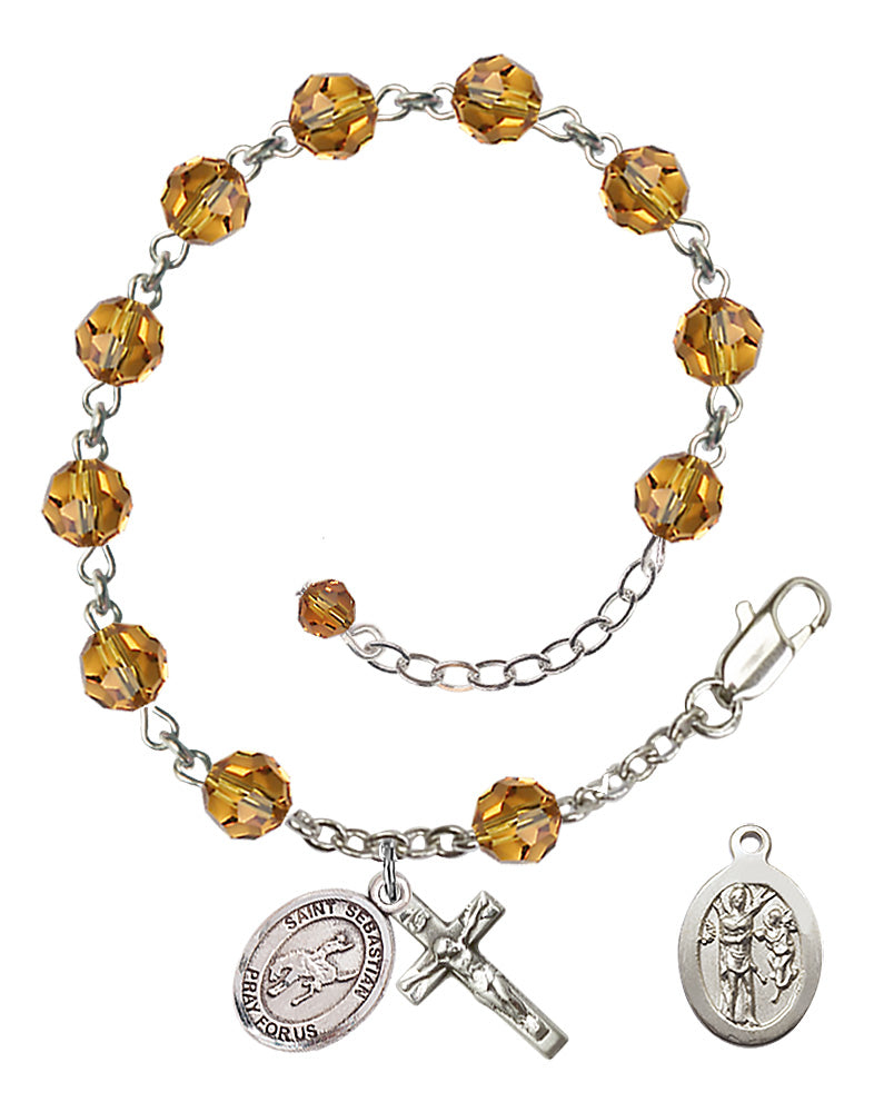 Saint Sebastian Rodeo Rosary Bracelet - Sterling Silver - November - Topaz