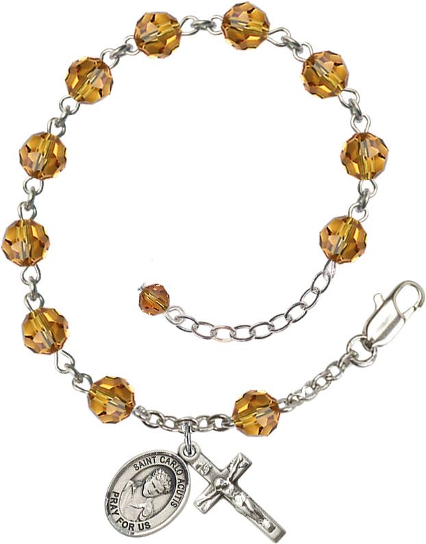 St. Carlo Acutis Birthstone Rosary Bracelet, Austrian Crystal & Sterling Silver