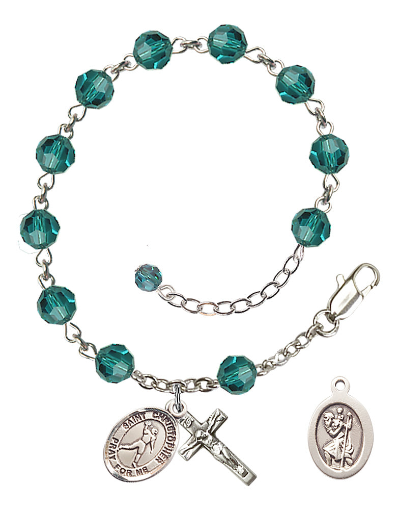 Saint Christopher Football Rosary Bracelet - Sterling Silver - December - Zircon