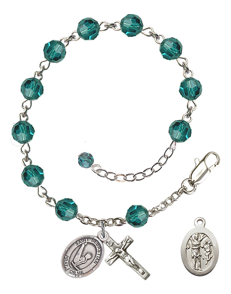 Saint Sebastian Gymnastics Rosary Bracelet - Sterling Silver - December - Zircon