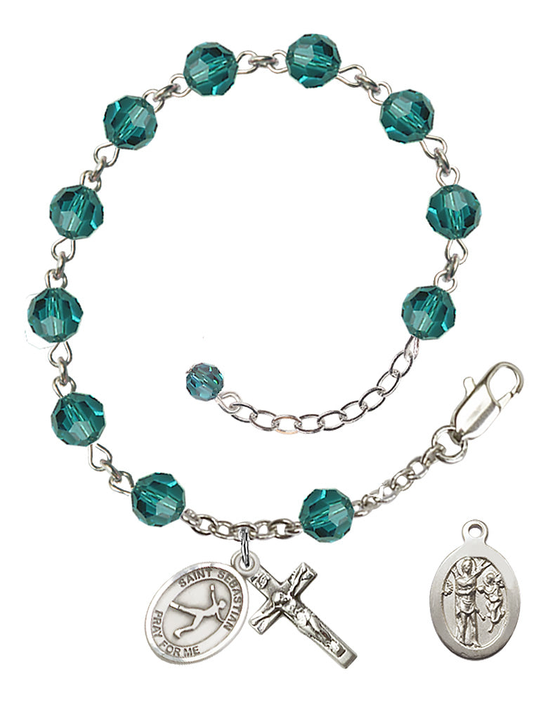 Saint Sebastian Figure Skating Rosary Bracelet - Sterling Silver - December - Zircon