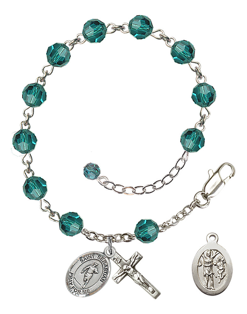 Saint Sebastian Rugby Rosary Bracelet - Sterling Silver - December - Zircon
