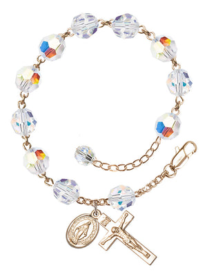 Miraculous Medal 8mm Crystal Rosary Bracelet - 14K Gold