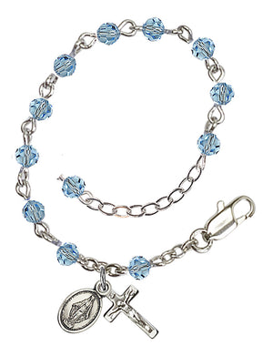 4mm Crystal Miraculous Infant Rosary Bracelet - Silver Plate - March - Aqua