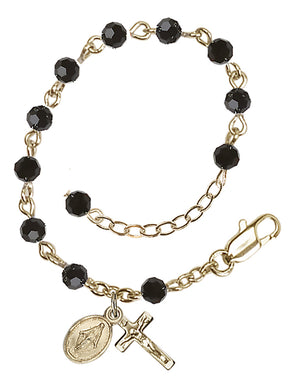 4mm Crystal Miraculous Infant Rosary Bracelet - Gold Plate - Jet