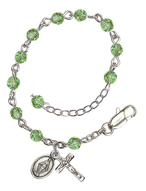 4mm Crystal Miraculous Infant Rosary Bracelet - Silver Plate - August - Peridot