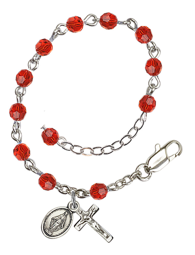 4mm Crystal Miraculous Infant Rosary Bracelet - Silver Plate - July - Ruby